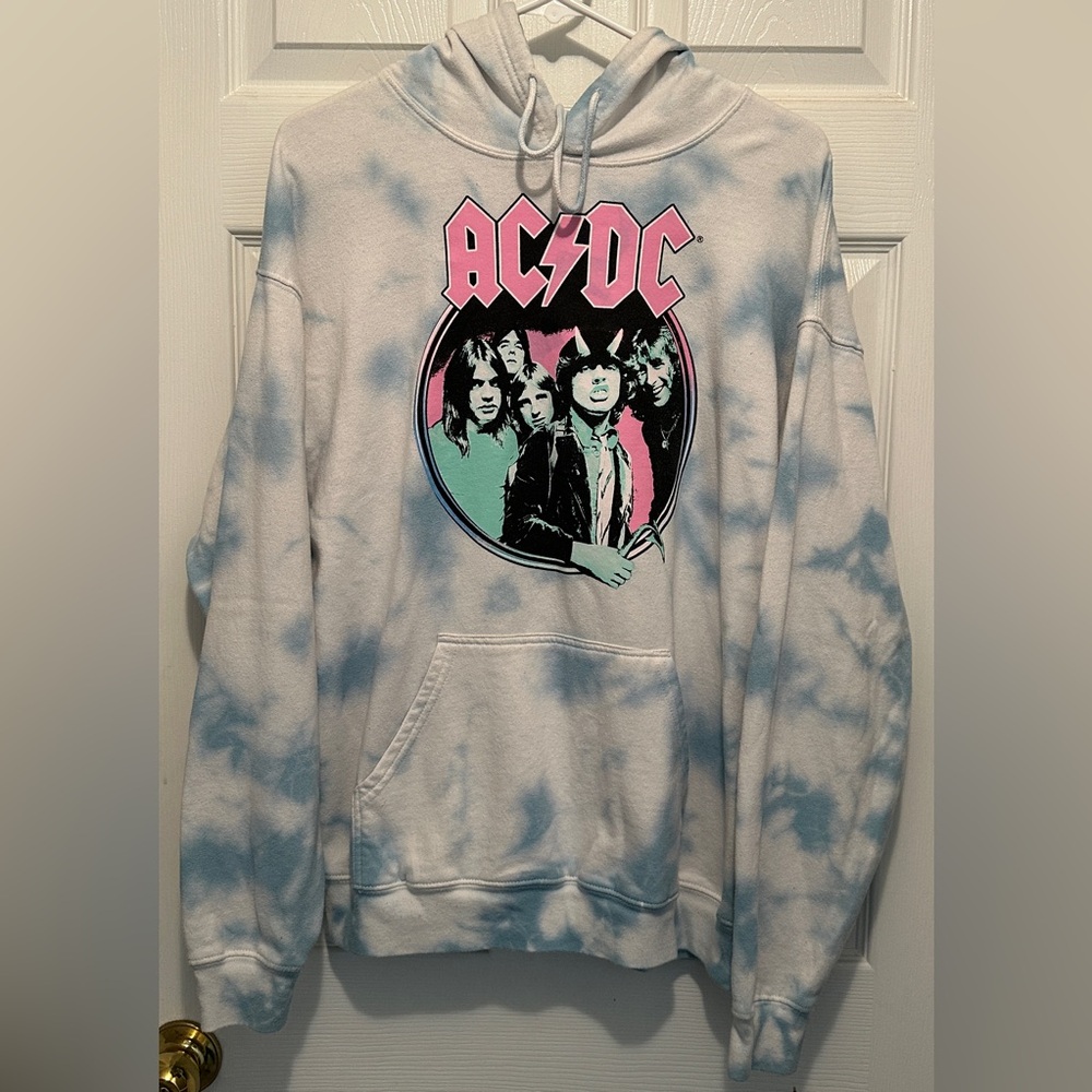 AC/DC Blue Cloud Tie Dye Graphic Hoodie Size Medium